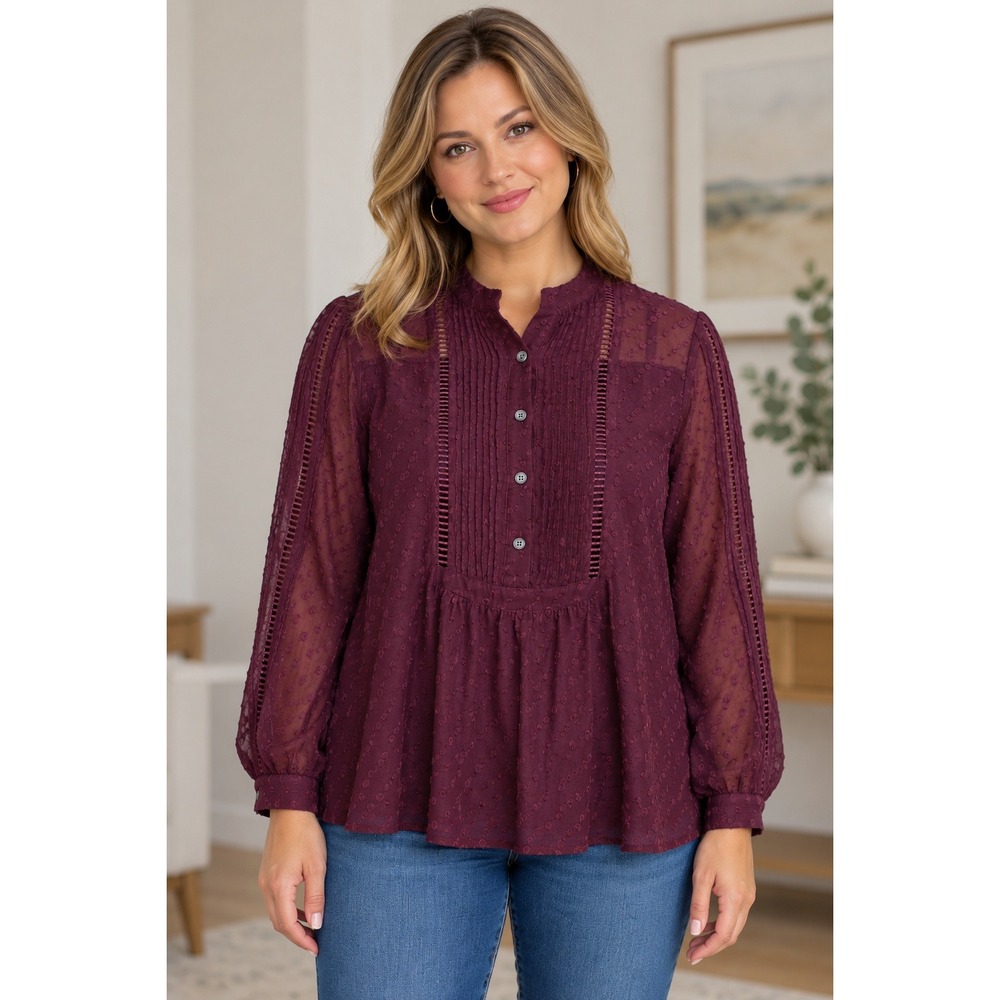 Madewell Blouse Womens Medium Plum Swiss Dot Pintuck Button Front Sheer Autumn